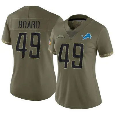 Women's Limited Chris Board Detroit Lions Olive 2022 Salute To Service Jersey